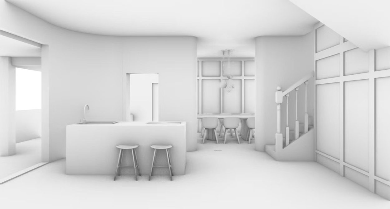 Untextured massing study of the living space, island and retained stair