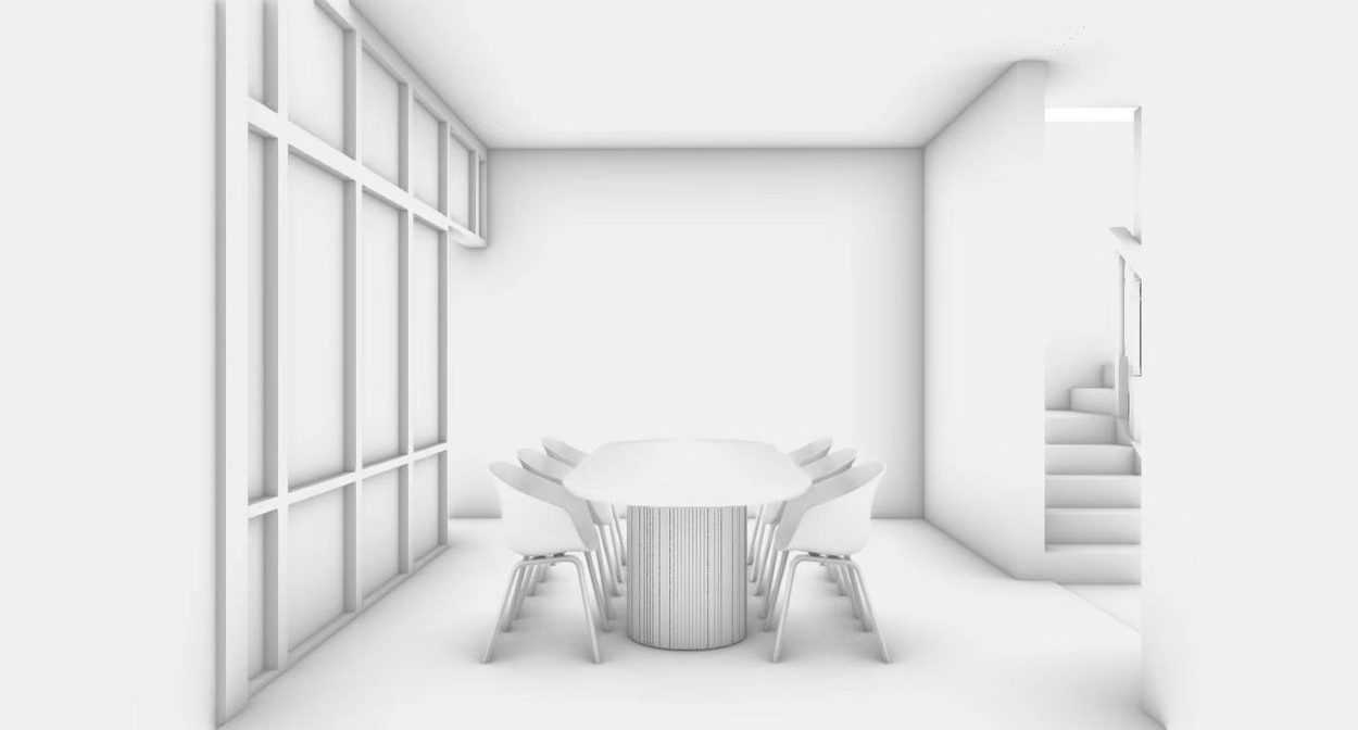Untextured massing study of the dining space against full-height glazing