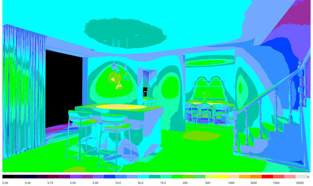 False-colour illuminance study of the island and dining area, scaled in lux