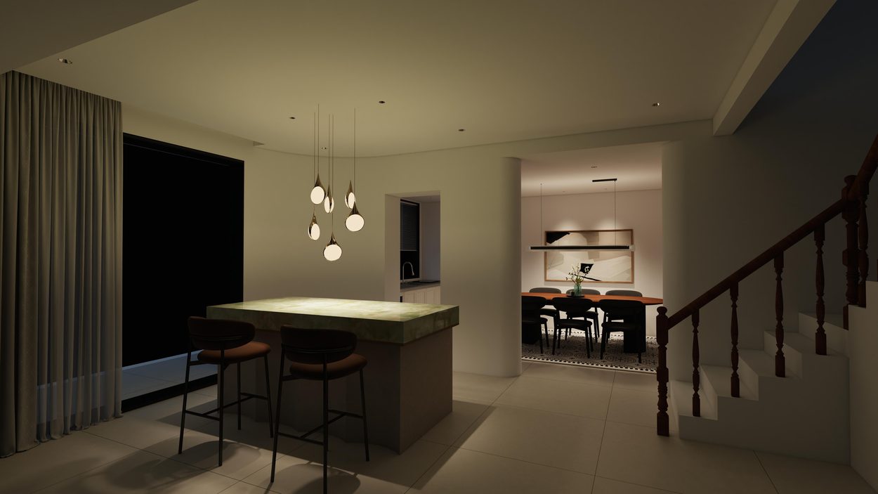 Evening render of the island and pendant cluster