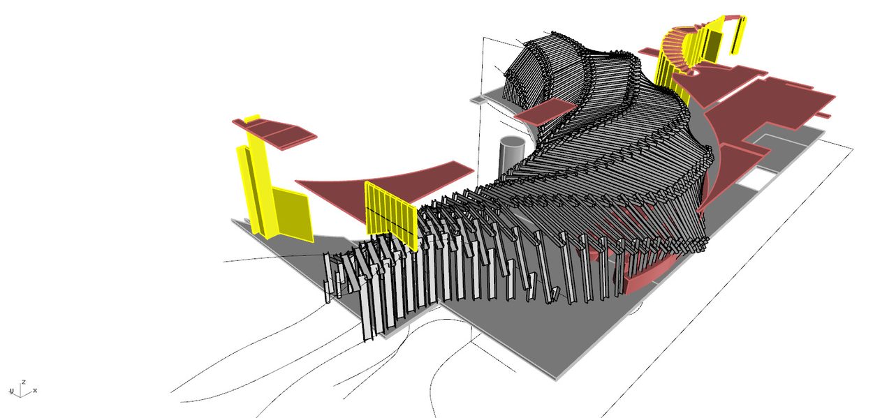 Parametric model of a hotel bar: hundreds of timber ribs fanning over a curved counter