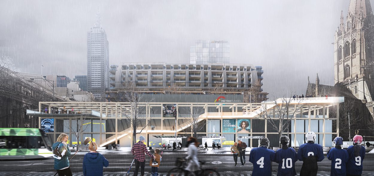 Rendered street elevation of a timber-framed pavilion in Melbourne, a tram passing and a crowd in football colours