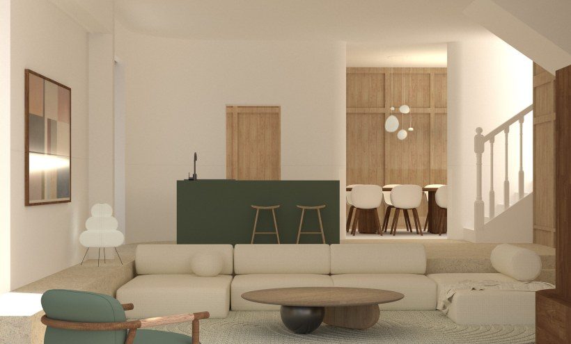 The island in the design deck, drawn as a solid green counter against the retained stair