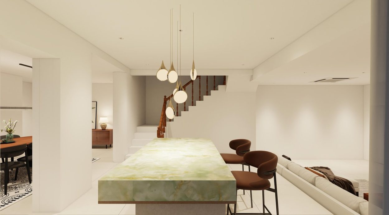 Design study of the kitchen island and pendant cluster