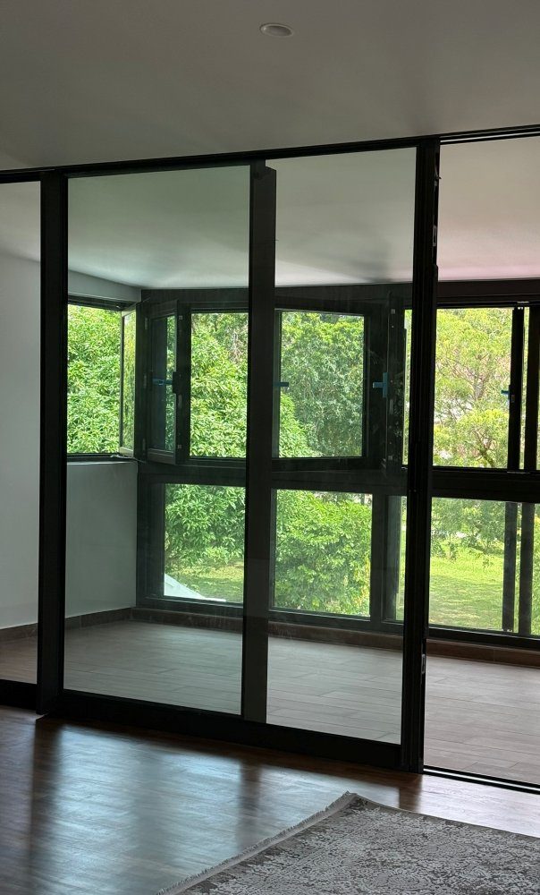 Full-height black-framed glazing looking onto the garden